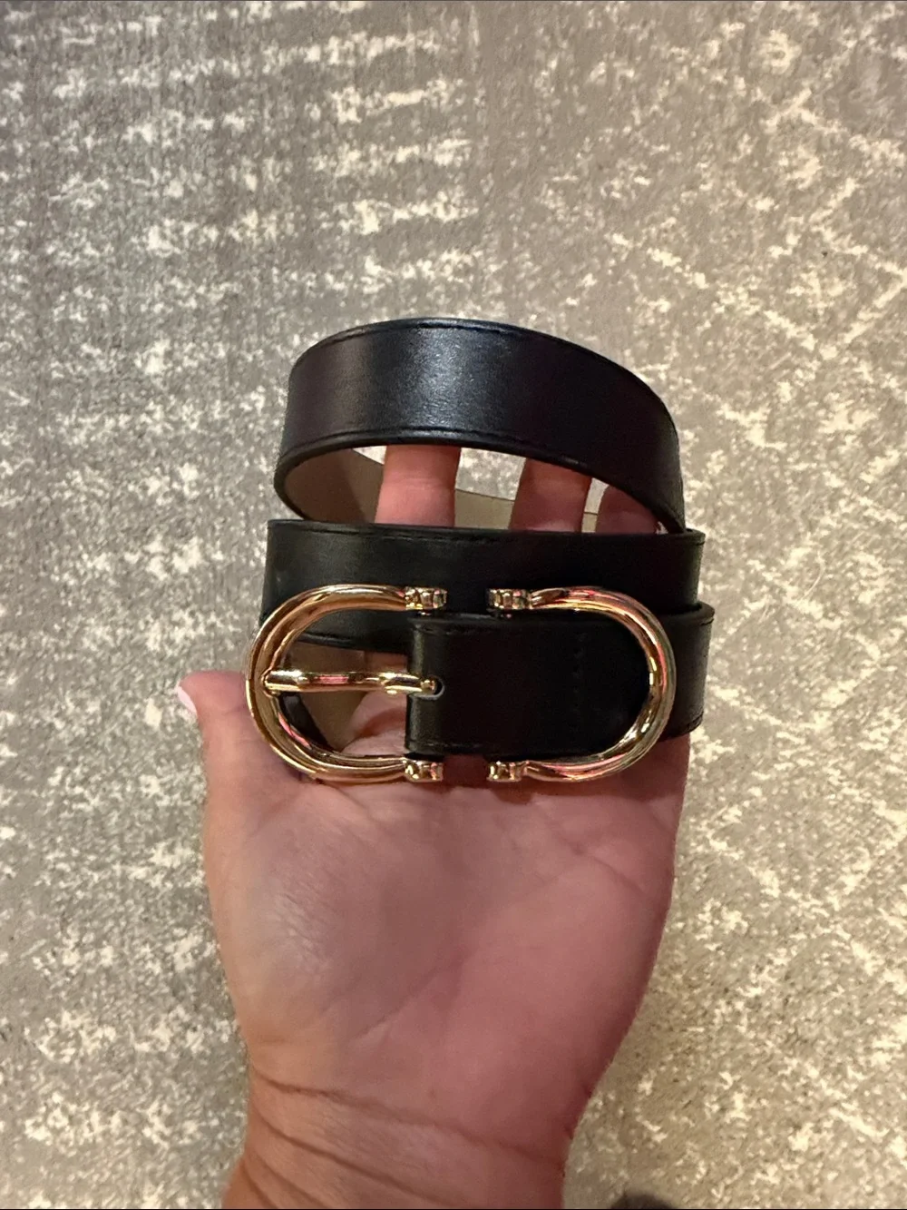 Women's Black Leather Belt with Gold Oval Double Buckle